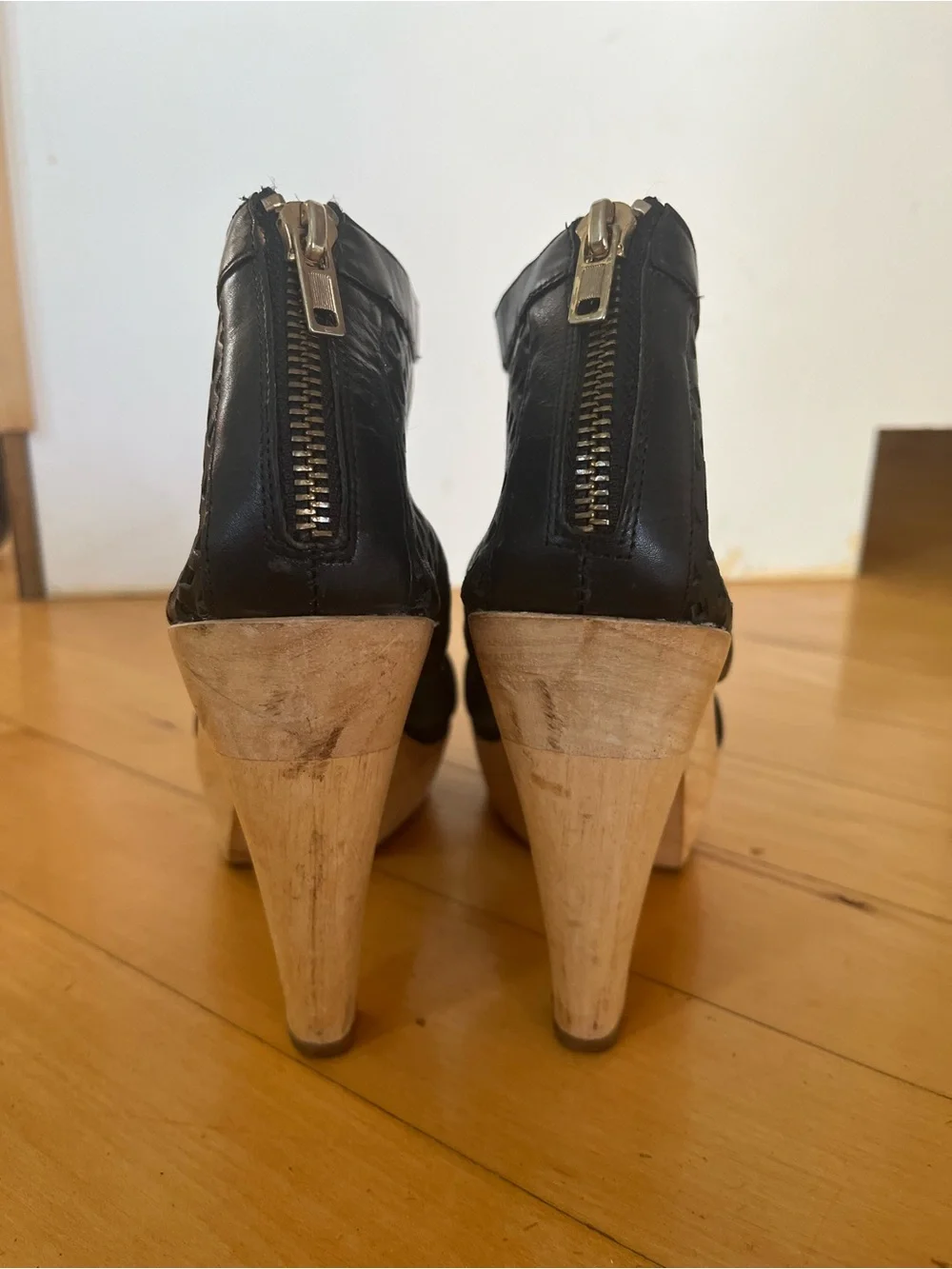 Loeffler Randall Perforated Black Leather Platform Sandal with Wooden Heels 7.5